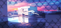 Rule 34 | 1girl, absurdres, building, city, commentary request, dress, facing away, fence, highres, lifeline (a384079959), long hair, original, outdoors, puddle, reflection, scenery, shadow, sky, solo, standing, sunset, white hair, wide shot