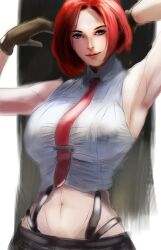 1girl arms_up artofmountainbro blue_eyes breasts busty_female curvy female_focus gloves highres huge_breasts large_breasts pale_skin pants red_hair shirt short_hair standing the_king_of_fighters thick_thighs thighs vanessa_(kof) white_shirt wide_hips