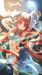 Rule 34 | 1girl, absurdres, arm up, armpits, blue eyes, breasts, bridal gauntlets, closed mouth, commentary request, dancer, detached sleeves, fake horns, genshin impact, highres, horns, komiya latte, long hair, looking at viewer, nilou (genshin impact), red hair, revision, small breasts, smile, solo, standing, twintails, very long hair