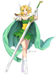 Rule 34 | 1990s (style), 1girl, bad id, bad pixiv id, blonde hair, boots, briska, cape, full body, gloves, green eyes, head wings, hououji fuu, magic knight rayearth, official alternate costume, retro artstyle, short hair, simple background, skirt, smile, solo, standing, sword, weapon, white background, white footwear, white gloves, wings