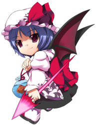 Rule 34 | 1girl, bad id, bad pixiv id, bat wings, chibi, female focus, fish, full body, hat, japanese clothes, kimono, light purple hair, polearm, red eyes, remilia scarlet, shiratama dango, simple background, solo, spear, spear the gungnir, standing, touhou, weapon, white background, wings