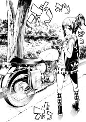 Rule 34 | 1girl, absurdres, adidas, backpack, bag, boots, checkered clothes, checkered legwear, from behind, fukushima masayasu, full body, greyscale, highres, kneehighs, looking at viewer, looking back, masayasuf, monochrome, motor vehicle, motorcycle, open mouth, original, ponytail, road, school uniform, scrunchie, skirt, socks, solo, standing, street, vehicle, yamaha sr400