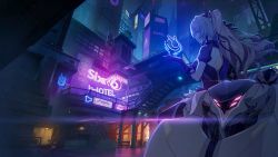 Rule 34 | 1girl, bronya zaychik, bronya zaychik (silverwing: n-ex), city, closed mouth, dress, drill hair, game cg, glasses, gloves, grey eyes, grey hair, hair ornament, highres, holographic interface, honkai (series), honkai impact 3rd, hotel, motor vehicle, motorcycle, neon lights, night, night sky, outdoors, project bunny, purple dress, purple gloves, sky, solo, sunglasses, third-party source, twin drills