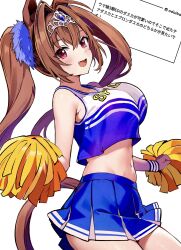 Rule 34 | 1girl, absurdres, animal ears, bare shoulders, blush, bouncing breasts, breasts, brown hair, cheerleader, collarbone, cowboy shot, crop top, daiwa scarlet (umamusume), dress, fang, from side, hair intakes, highres, holding, holding pom poms, horse ears, horse girl, horse tail, kokora (kokorahen), large breasts, long hair, looking at viewer, midriff, miniskirt, navel, open mouth, pleated dress, pom pom (cheerleading), pom poms, purple eyes, skirt, smile, solo, tail, tiara, translation request, twintails, umamusume