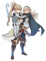 Rule 34 | 1boy, 1girl, armor, ass, blush, carrying, corrin (female) (fire emblem), corrin (fire emblem), fire emblem, fire emblem fates, grey hair, headband, highres, japanese clothes, long hair, nintendo, pointy ears, ponytail, princess carry, red eyes, smile, takumi (fire emblem), white background, zuizi