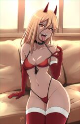 Rule 34 | 1girl, absurdres, bikini, black choker, blonde hair, blush, breasts, chainsaw man, choker, christmas, cleavage, collarbone, commentary, couch, demon girl, demon horns, english commentary, hair between eyes, highres, horns, indoors, long hair, long hair between eyes, looking at viewer, mistowing, navel, on couch, open mouth, orange eyes, power (chainsaw man), red bikini, red thighhighs, sharp teeth, sleeves past elbows, small breasts, smile, solo, swimsuit, teeth, thighhighs, tongue, tongue out