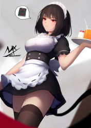 Rule 34 | 1girl, absurdres, alternate costume, apron, artist name, black-haired demon girl (shimmer), black dress, black hair, blurry, blurry background, breasts, brown thighhighs, cake, cake slice, closed mouth, commentary, cup, demon tail, depth of field, dress, drinking glass, drinking straw, enmaided, food, frilled apron, frills, fruit, highres, holding, holding tray, indoors, maid, maid headdress, medium breasts, original, puffy short sleeves, puffy sleeves, red eyes, shimmer, shirt, short hair, short sleeves, signature, solo, strawberry, symbol-only commentary, tail, thighhighs, tray, waist apron, white apron, white shirt