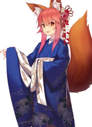 Rule 34 | 1girl, absurdres, animal ear fluff, animal ears, brown eyes, commentary request, fate/extra, fate/grand order, fate (series), floral print, fox ears, fox tail, hair between eyes, hair ornament, highres, japanese clothes, kimono, ninsaki (9saki), obi, pink hair, sash, sidelocks, sleeves past wrists, solo, tail, tamamo (fate), tamamo no mae (fate/extra), white background