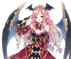 Rule 34 | 1girl, :d, ascot, bare shoulders, black wings, blush, breasts, cleavage, collar, commentary request, copyright request, detached collar, detached sleeves, dress, fang, head wings, heart, kikka (kicca choco), long hair, long sleeves, looking at viewer, medium breasts, open mouth, pink hair, red ascot, red collar, red dress, red eyes, ringlets, simple background, smile, solo, strapless, strapless dress, tiara, very long hair, white background, wide sleeves, wings