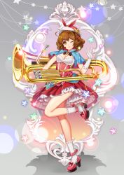 Rule 34 | 10s, 1girl, absurdres, bad id, bad pixiv id, belt, breasts, brown eyes, brown hair, capelet, cleavage, dress, gloves, hat, hibike! euphonium, high heels, highres, holding, holding instrument, instrument, lace, lace-trimmed gloves, lace-trimmed legwear, lace trim, layered dress, leg up, littleamber, looking at viewer, matching hair/eyes, medium breasts, one eye closed, oumae kumiko, pink footwear, shoes, short hair, smile, socks, solo, star (symbol), white gloves, white socks