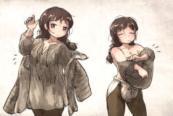 Rule 34 | 1girl, bloomers, braid, breasts, brown hair, cleavage, gambeson, highres, ironlily, long hair, looking at viewer, medium breasts, ordo mediare sisters (ironlily), pants, shirt, solo, stray hair, sweat, underwear, undressing, wet, wet clothes