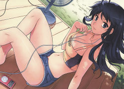 Rule 34 | 1girl, aflame inferno, bare shoulders, beach, black eyes, black hair, breasts, cleavage, digital media player, grass, ipod, large breasts, legs, long hair, looking at viewer, midriff, navel, official art, shadow, short shorts, shorts, sitting, smile, sweat, thighs, ventilator
