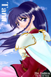 Rule 34 | 1girl, armor, blue eyes, blue hair, cape, character name, cloud, copyright name, fire emblem, fire emblem: the sacred stones, hissaa (starlight express), long hair, looking at viewer, looking back, matching hair/eyes, nintendo, outdoors, pegasus knight uniform (fire emblem), photo background, ponytail, princess, purple eyes, purple hair, sky, solo, tana (fire emblem), white armor