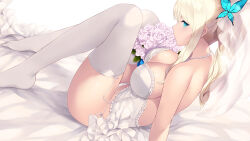 Rule 34 | 1girl, aqua eyes, bead necklace, beads, blonde hair, boku wa tomodachi ga sukunai, bouquet, breasts, bridal veil, butterfly hair ornament, cait aron, commentary request, dress, flower, hair ornament, highres, holding, holding bouquet, jewelry, kashiwazaki sena, knees up, large breasts, leaning back, long hair, necklace, panties, pink flower, pink rose, ponytail, rose, sitting, solo, thighhighs, thighs, underwear, veil, wedding dress, white panties, white thighhighs