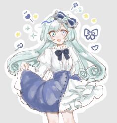 Rule 34 | 1girl, :d, bad source, blue dress, blue eyes, blue hair, clione myosotis, clothes lift, cropped legs, dress, flower, frilled dress, frills, grey background, happy, happy saint sheol, heterochromia, highres, juliet sleeves, long sleeves, ochaocha815, open mouth, puffy sleeves, purple eyes, ribbon, rose, simple background, sketch, skirt, skirt lift, smile, solo, star (symbol), symbol-shaped pupils, torn hair ribbon, white dress