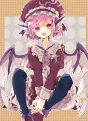 Rule 34 | 1girl, adapted costume, animal ears, bird ears, bird wings, black pantyhose, blush, brown dress, brown footwear, brown hat, buttons, center frills, dress, fang, frilled dress, frills, hat, highres, juliet sleeves, long sleeves, mystia lorelei, nikorashi-ka, one-hour drawing challenge, open mouth, pantyhose, pink eyes, pink hair, puffy sleeves, shoes, short hair, skin fang, solo, touhou, white wings, wings