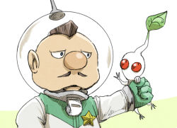 Rule 34 | 1boy, badge, big nose, black eyes, brown hair, charlie (pikmin), clenched hand, colored skin, commentary request, facial hair, gloves, green background, green gloves, half-closed eyes, helmet, holding another&#039;s arm, leaf, looking at another, mustache, naru (wish field), nintendo, no mouth, outstretched hand, parted lips, pikmin (creature), pikmin (series), radio antenna, red eyes, short hair, solid circle eyes, space helmet, spacesuit, star (symbol), tan, two-tone background, upper body, very short hair, waving, whistle, white background, white pikmin, white skin