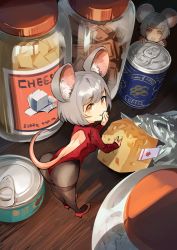 Rule 34 | 2girls, absurdres, animal ear fluff, animal ears, backless leotard, bent over, brown eyes, can, cheese, covering own mouth, food, from above, grey hair, high heels, highres, leotard, mini person, minigirl, mouse (animal), mouse ears, mouse tail, multiple girls, nr noir, original, pantyhose, red footwear, red leotard, short hair, tail