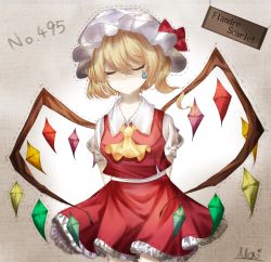 Rule 34 | 1girl, ascot, blonde hair, breasts, brown background, character name, closed eyes, collared shirt, commentary, commentary request, cowboy shot, english commentary, flandre scarlet, frilled skirt, frills, hair between eyes, hat, highres, kinpatu mai, medium hair, mixed-language commentary, mob cap, multicolored wings, no mouth, outline, puffy short sleeves, puffy sleeves, red skirt, red vest, shirt, short sleeves, simple background, skirt, skirt set, small breasts, solo, touhou, vest, white hat, white shirt, wings, yellow ascot