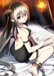 Rule 34 | 1girl, absurdres, ashizuki, ass, black dress, black hair, book, breasts, brown eyes, butt crack, chain, cleavage, demon, dress, fang, highres, holding, holding book, horns, indoors, long hair, looking at viewer, monster girl, original, pointy ears, sideboob, solo