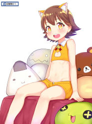 Rule 34 | 10s, 1girl, :3, aged down, animal ears, atg (wttoo0202), bandai namco, bare shoulders, bell, blush, brown hair, cat cutout, child, cleavage cutout, clothing cutout, facebook, flat chest, hair between eyes, highres, honda mio, idolmaster, idolmaster cinderella girls, looking at viewer, midriff, navel, open mouth, outie navel, shiny skin, short hair, shorts, sitting, solo, stuffed animal, stuffed toy