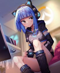 Rule 34 | 1girl, animal ear headphones, animal ears, black hoodie, blue hair, blunt bangs, blush, breasts, brown eyes, cat ear headphones, commentary, computer, cropped hoodie, cup, dayshiart, detached sleeves, drinking glass, english commentary, fake animal ears, game console, headphones, highres, hood, hoodie, logo, looking to the side, medium breasts, nintendo switch, original, playstation controller, power symbol, short hair, short hair with long locks, short sleeves, sitting, smirk, smug, solo, v-shaped eyebrows, wine glass