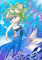 Rule 34 | 1girl, ass, bare shoulders, blue nails, breasts, butt crack, cleavage, closed mouth, green eyes, green hair, honkai (series), honkai impact 3rd, jellyfish, long hair, long sleeves, looking at viewer, looking back, mobius (daughter of corals) (honkai impact), mobius (honkai impact), mush (mushlicious), nail polish, one-piece swimsuit, smile, solo, swimsuit, tongue, tongue out, twintails, underwater