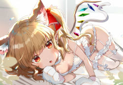 Rule 34 | 1girl, :o, animal ear fluff, animal ears, animal hands, bare arms, bare shoulders, blonde hair, blush, bra, bridal garter, cat ears, choker, commentary request, flandre scarlet, garter belt, gloves, hair ribbon, highres, indoors, kemonomimi mode, lace, lace-trimmed legwear, lace trim, long hair, looking at viewer, lying, no headwear, on side, one side up, open mouth, paw gloves, pointy ears, red eyes, red ribbon, ribbon, satoupote, sidelocks, solo, strap slip, thighhighs, thighs, touhou, underwear, white bra, white choker, white gloves, white thighhighs
