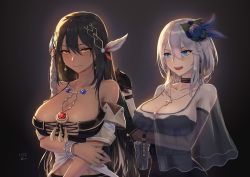 Rule 34 | 2girls, azur lane, bare shoulders, belt, black background, black choker, black gloves, black hair, blue eyes, blush, bracelet, breasts, brown eyes, choker, cleavage, closed mouth, collarbone, crop top, cross, cross necklace, dark-skinned female, dark skin, feather hair ornament, feathers, flower, gloves, hair between eyes, hair flower, hair ornament, hand in own hair, highres, jewelry, large breasts, long hair, looking at another, looking at viewer, mole, mole on breast, multiple girls, native american, navel, necklace, open mouth, short hair, signature, silver hair, simple background, south dakota (azur lane), washington (azur lane), you ni ge shaobing