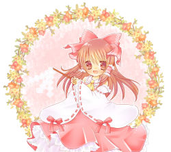 Rule 34 | 1girl, ascot, bad id, bad pixiv id, bow, brown eyes, brown hair, detached sleeves, frills, gohei, hair bow, hair tubes, hakurei reimu, long hair, looking at viewer, oonusa, open mouth, own hands together, petticoat, pink background, simple background, skirt, skirt set, solo, touhou, white background, wreath, yuzuki (manabi0214)