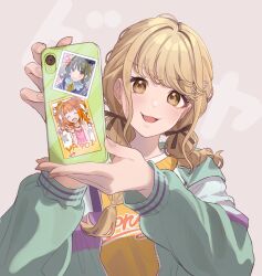 Rule 34 | 1girl, blonde hair, blush, braid, cellphone, fingernails, fujita kotone, gakuen idolmaster, hair ribbon, hashtag-only commentary, head tilt, highres, holding, holding phone, idolmaster, idolmaster (classic), idolmaster shiny colors, in-franchise crossover, jacket, looking at viewer, multicolored clothes, multicolored jacket, nanakusa nichika, phone, photo (object), ribbon, shirt, simple background, smile, solo, takatsuki yayoi, tanupon, twin braids, upper body, yellow shirt