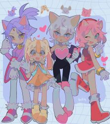 Rule 34 | 4girls, amy rose, animal ears, bare shoulders, bat ears, bat girl, bat wings, blaze the cat, blonde hair, blue background, blue eyes, blush, boots, bracelet, breasts, cat ears, cat girl, child, cleavage, closed mouth, commentary, cream the rabbit, dress, english commentary, full body, gloves, gold bracelet, green eyes, grid background, hair between eyes, hairband, heart, highres, holding, holding phone, humanization, jewelry, littlebunniboo, long hair, looking at viewer, medium breasts, multiple girls, one eye closed, open mouth, orange dress, orange footwear, pants, phone, ponytail, purple hair, rabbit ears, rabbit girl, red dress, red footwear, rouge the bat, shoes, short hair, simple background, small breasts, smile, sonic (series), standing, v, white gloves, white hair, white pants, wings, yellow eyes