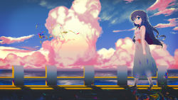 Rule 34 | 1girl, abstract, absurdres, bare arms, bare shoulders, barefoot, blue eyes, blue sky, cloud, cloudy sky, colorful, day, fairy, from side, highres, looking at viewer, looking to the side, mianbaoshi mengxiang, ocean, original, outdoors, parted lips, purple hair, railing, sky, solo, standing, walking, water