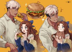 Rule 34 | + +, 1boy, 1girl, :3, athens (velahka), blue bow, blue eyes, blue jacket, bow, brown hair, burger, cheese, collared shirt, commentary, couple, dark-skinned male, dark skin, dated, eating, english commentary, food, food on face, freckles, fur-trimmed jacket, fur trim, gaius (velahka), grin, hair bow, highres, holding, holding burger, holding food, jacket, lettuce, long hair, meat, one eye closed, open mouth, original, scar, scar on face, scar on nose, shirt, short hair, simple background, size difference, smile, sparkle, tomato, undercut, velahka, white hair, white shirt, wiping face, yellow background