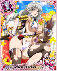Rule 34 | 10s, 1girl, artist request, braid, breasts, bridal gauntlets, card (medium), character name, chess piece, grayfia lucifuge, grey eyes, high school dxd, high school dxd infinity, katana, large breasts, lipstick, maid headdress, makeup, ninja, official art, queen (chess), red lips, scarf, shuriken, silver hair, sword, thighhighs, torn clothes, weapon