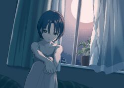 Rule 34 | 1girl, black hair, blush, book, breasts, camisole, cleavage, collarbone, curtains, flower pot, full moon, grey camisole, highres, holding leg, indoors, looking at viewer, moon, narume, night, original, parted bangs, parted lips, pixel art, short hair, sitting, small breasts, solo, window