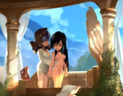 Rule 34 | 2girls, beatrix, beatrix (ff9), black hair, blurry, breasts, brown hair, closed mouth, clothed female nude female, cloud, curly hair, day, depth of field, eyepatch, female pubic hair, final fantasy, final fantasy ix, garnet til alexandros xvii, jar, long hair, mountainous horizon, multiple girls, navel, nipples, nude, open clothes, open shirt, optionaltypo, pillar, pubic hair, sky, small breasts, standing, stomach, towel, washing another, wet