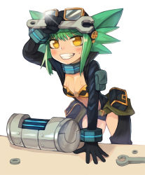 Rule 34 | 1girl, :d, animal ears, arm support, belt, black jacket, black panties, black pants, blush, bra, bracelet, breasts, chaps, clothing cutout, collar, commission, crotch cutout, gears, gloves, goggles, goggles on head, green hair, gremlin (monster girl encyclopedia), grin, highres, holding, holding wrench, jacket, jewelry, jumpsuit, leaning forward, leaning on object, legs apart, long sleeves, looking at viewer, monster girl encyclopedia, navel, navel cutout, open clothes, open jacket, open mouth, open pants, panties, pants, pouch, short hair, simple background, small breasts, smile, solo, sookmo, standing, sweat, table, underwear, white background, wrench, yellow eyes