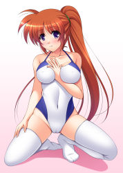 Rule 34 | 00s, 1girl, aged up, arm between breasts, between breasts, blue eyes, blush, breasts, brown hair, cameltoe, competition swimsuit, covered erect nipples, covered navel, gradient background, highleg, highleg swimsuit, impossible clothes, impossible swimsuit, long hair, looking at viewer, lyrical nanoha, mahou shoujo lyrical nanoha, mahou shoujo lyrical nanoha strikers, narutaki shin, one-piece swimsuit, orange hair, parted bangs, pink background, purple eyes, scrunchie, shadow, side ponytail, smile, solo, spread legs, squatting, swimsuit, takamachi nanoha, thighhighs, very long hair, white one-piece swimsuit, white thighhighs