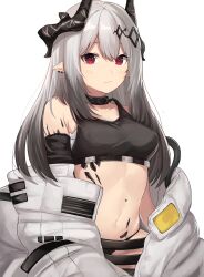 1girl arknights bare_shoulders black_choker black_sports_bra breasts choker commentary commentary_request crop_top highres hiruver horns infection_monitor_(arknights) long_hair looking_at_viewer material_growth medium_breasts midriff mudrock_(arknights) mudrock_(elite_ii)_(arknights) navel oripathy_lesion_(arknights) pointy_ears red_eyes revision sarashi solo sports_bra stomach upper_body white_hair