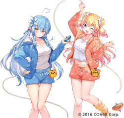 Rule 34 | 2girls, ;d, ahoge, blonde hair, blouse, blue hair, blue jacket, blue shorts, blush, breasts, closed mouth, commentary request, double bun, fang, feet out of frame, flower, gradient hair, green eyes, hair between eyes, hair bun, hair flower, hair ornament, hand on own hip, heart, heart ahoge, holding, hololive, jacket, kneehighs, long hair, long sleeves, looking at viewer, medium breasts, midriff, momosuzu nene, multicolored hair, multiple girls, nail polish, navel, nishizawa, off shoulder, official art, one eye closed, open clothes, open jacket, open mouth, orange jacket, orange legwear, orange shorts, pink hair, pointy ears, shirt, short shorts, shorts, simple background, smile, socks, spinning top, very long hair, virtual youtuber, white background, white flower, white shirt, yellow eyes, yukihana lamy