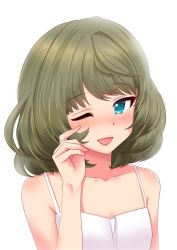 Rule 34 | 10s, 1girl, ;d, bare arms, blue eyes, blush, body blush, camisole, collarbone, commentary request, crying, eyelashes, green hair, happy tears, idolmaster, idolmaster cinderella girls, looking at viewer, mole, mole under eye, one eye closed, open mouth, short hair, simple background, sleeveless, smile, solo, spaghetti strap, takagaki kaede, tears, tsurime, upper body, white background, wiping tears, yasuhito