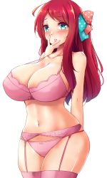 Rule 34 | 10s, 1girl, ahoge, alternate breast size, aqua eyes, arm behind back, bare shoulders, blush, bow, bra, breasts, cleavage, garter belt, hair bow, hand on own face, highres, huge breasts, lingerie, long hair, looking at viewer, minamoto sakura, mistynight, navel, panties, parted lips, pink bra, pink panties, pink thighhighs, red hair, simple background, solo, standing, thighhighs, underwear, underwear only, white background, zettai ryouiki, zombie, zombie land saga
