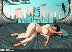 Rule 34 | 1girl, 2boys, absurdres, bed, black hair, braid, braided ponytail, breasts, building, city, city lights, cityscape, cleavage, evening, highres, hindsart, huge breasts, lying, multiple boys, on side, original, scenery, science fiction, sky, skyline, skyscraper