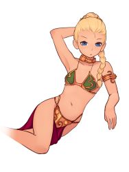 Rule 34 | 1girl, 34no404, armlet, armor, bikini armor, blonde hair, braid, braided ponytail, breasts, cammy white, character request, choker, cosplay, female focus, forehead, hair over shoulder, harem outfit, highres, looking at viewer, navel, pelvic curtain, princess leia organa solo, princess leia organa solo (cosplay), simple background, single braid, slave, small breasts, solo, star wars, star wars: return of the jedi, street fighter
