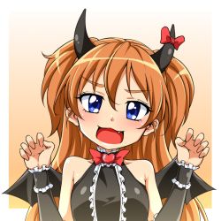 Rule 34 | 1girl, alternate costume, bare shoulders, blue eyes, commentary request, fake horns, fang, gradient background, heart, highres, horns, houjou hibiki, kanichiri, looking at viewer, open mouth, orange background, orange hair, paw pose, precure, solo, suite precure, two side up, upper body, wrist cuffs