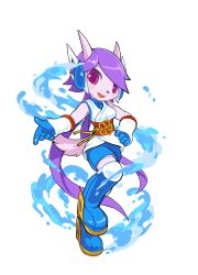 1girl 2015 absurdres arm_guards blue_boots blue_shirt blue_shorts boots breasts chinese_clothes chinese_knot chinese_text dragon dragon_girl dragon_horns dragon_tail dress eastern_dragon freedom_planet freedom_planet_2 furry furry_female headgear highres horns krita_(medium) low_twintails medium_breasts non-web_source pink_eyes purple_hair sash_lilac shirt shorts standing standing_on_one_leg tail transparent_background tsurime twintails tyson_tan water water_dragon white_dress