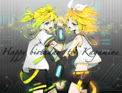 Rule 34 | 1boy, 1girl, aqua eyes, arm warmers, bad id, bad pixiv id, blonde hair, brother and sister, hair ornament, hair ribbon, hairclip, holding hands, headphones, hetero, kagamine len, kagamine rin, microphone, microphone stand, open mouth, ribbon, short hair, shorts, siblings, twins, umetarou (uminmin), uminmin, vintage microphone, vocaloid
