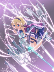 Rule 34 | 1girl, blonde hair, blue eyes, clenched hand, hairband, looking at viewer, mecha musume, midriff, million chain, roller shoes, shoes, short hair, skirt, smile, solo, thigh strap, weapon, yahako