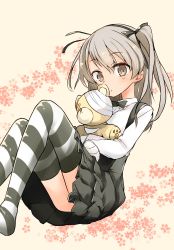 Rule 34 | 10s, 1girl, :o, absurdres, barashiya, beige background, black bow, black bowtie, black ribbon, black skirt, black thighhighs, boko (girls und panzer), bow, bowtie, brown eyes, casual, collared shirt, commentary, floral print, girls und panzer, hair ribbon, high-waist skirt, highres, holding, holding stuffed toy, invisible chair, layered skirt, light brown hair, long hair, long sleeves, looking at viewer, medium skirt, ribbon, shimada arisu, shirt, side ponytail, sitting, skirt, solo, striped clothes, striped thighhighs, stuffed animal, stuffed toy, suspender skirt, suspenders, teddy bear, thighhighs, white shirt